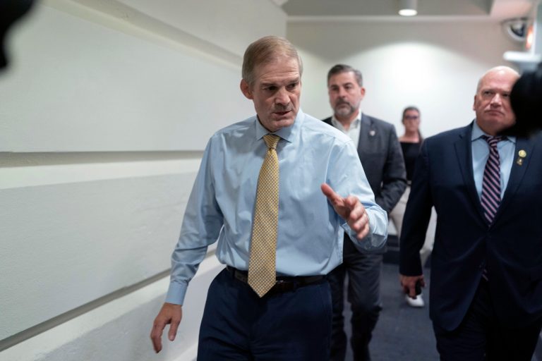 Rep. Jim Jordan (R-OH), chairman of the House Judiciary Committee, leaves the Republican caucus meeting at the Capitol in Washington, Thursday, Oct. 12, 2023.