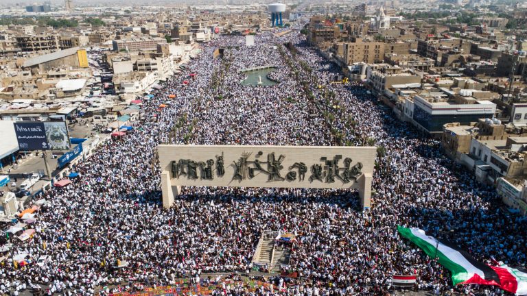 Iraqis hold a mass rally supporting the Palestinians in the Gaza Strip on Friday, Oct. 13, 2023, in Baghdad, Iraq. 