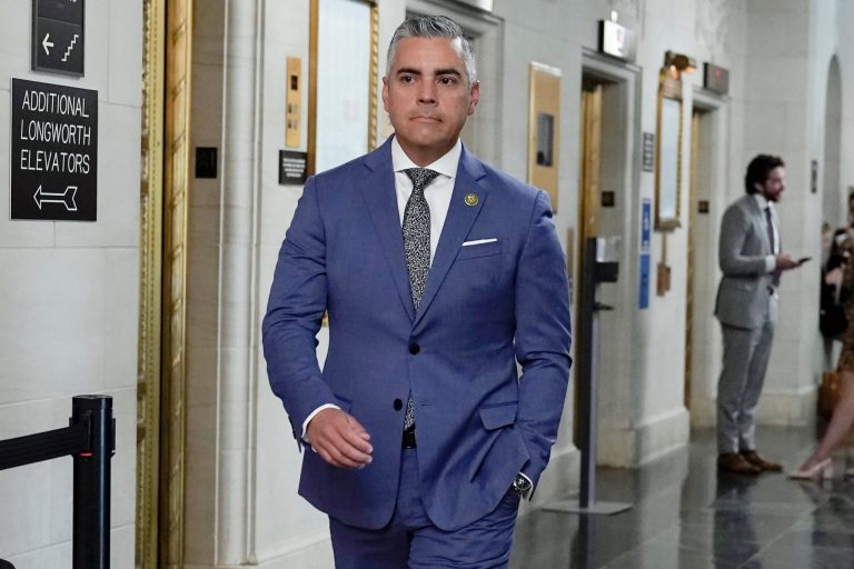 Rep. Juan Ciscomani (R-AZ) arrives for a House Republican Caucus meeting at the Capitol in Washington, Friday, Oct. 13, 2023.