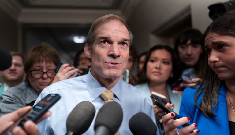 Rep. Jim Jordan (R-OH), chairman of the House Judiciary Committee and a staunch ally of former President Donald Trump, talks with reporters as House Republicans meet again behind closed doors to find a path to elect a new speaker after House Majority Leader Steve Scalise (R-LA) dropped out of the race Thursday night, at the Capitol in Washington, Friday, Oct. 13, 2023.