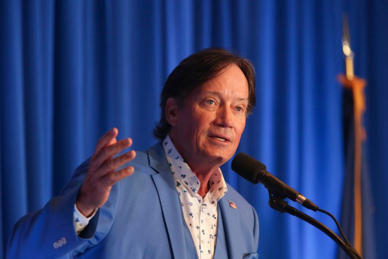 Actor Kevin Sorbo speaks during the New Hampshire Republican Party's First In The Nation Leadership Summit on Saturday, Oct 14, 2023, in Nashua, New Hampshire.