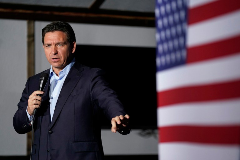 Republican presidential candidate Florida Gov. Ron DeSantis speaks during a meet and greet, Saturday, Oct. 14, 2023, in Creston, Iowa.