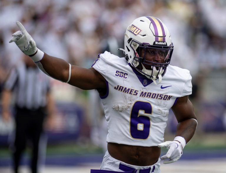 James Madison running back Kaelon Black celebrates after running in a touchdown against Georgia Southern in Harrisonburg, Virginia, Saturday, Oct. 14, 2023.