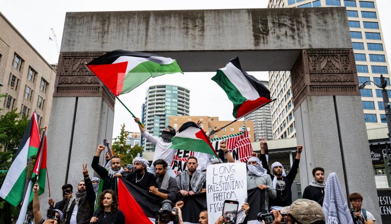 Palestinian supporters rally in Seattle on Saturday, Oct. 14, 2023.