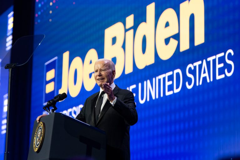 President Joe Biden speaks at the Human Rights Campaign National Dinner on Saturday, Oct. 14, 2023, in Washington. 