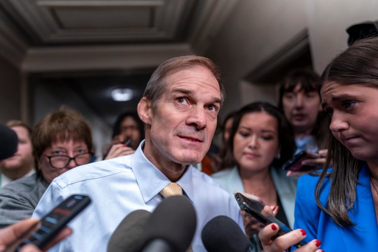 FILE - Rep. Jim Jordan (R-OH), chairman of the House Judiciary Committee, talks with reporters at the Capitol in Washington, Friday, Oct. 13, 2023.