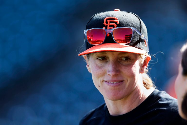 San Francisco Giants assistant coach Alyssa Nakken speaks to a reporter in San Francisco, on July 7, 2023. 