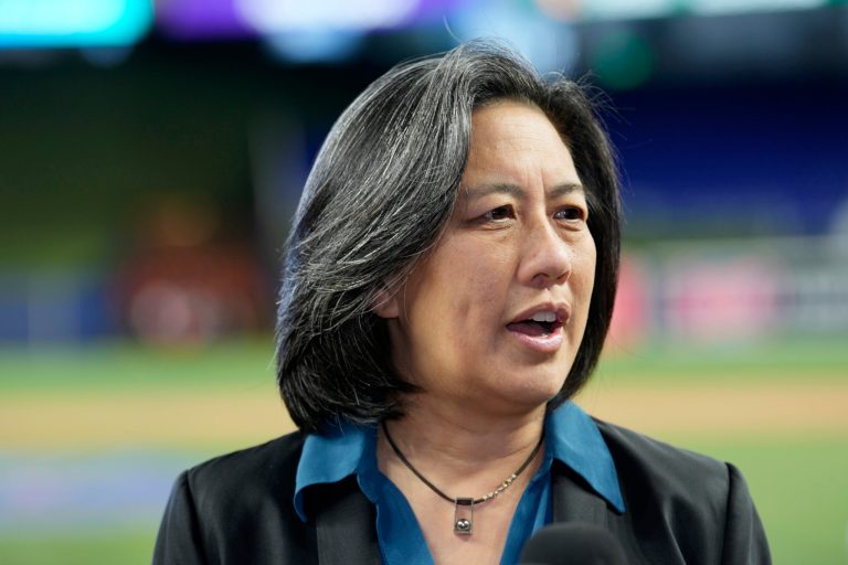 Miami Marlins general manager Kim Ng speaks with the media on Thursday, Jan. 19, 2023, in Miami. Kim Ng is leaving the Miami Marlins after three seasons as their general manager, Marlins chairman and principal owner Bruce Sherman said Monday, Oct. 16, 2023. Ng, the first female general manager in MLB history, was in the final year of her contract after being hired in November 2020.
