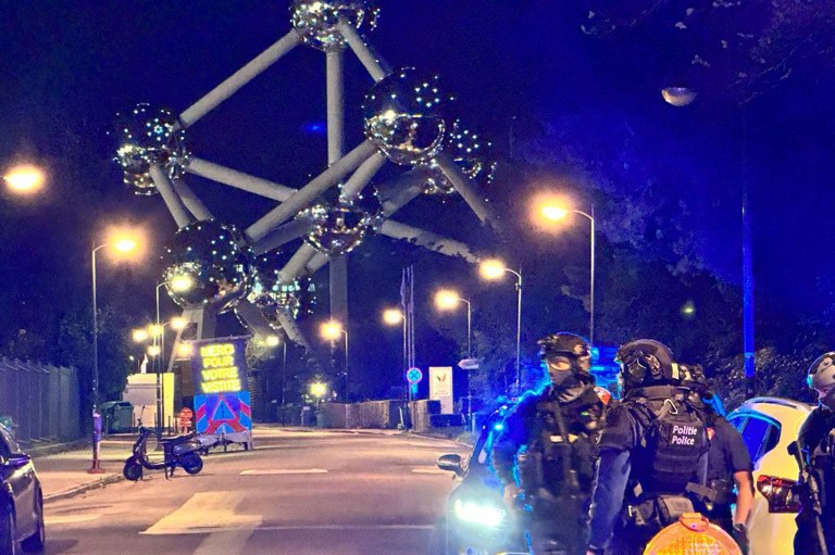 Police patrol outside the King Baudouin Stadium following a suspension of the match between Belgium and Sweden after a shooting in the center of Brussels on Oct. 16, 2023. Belgian authorities raised the terror alert to its highest level in the capital late Monday after the fatal shooting of two Swedes in Brussels that Prime Minister Alexander De Croo linked to terrorism.