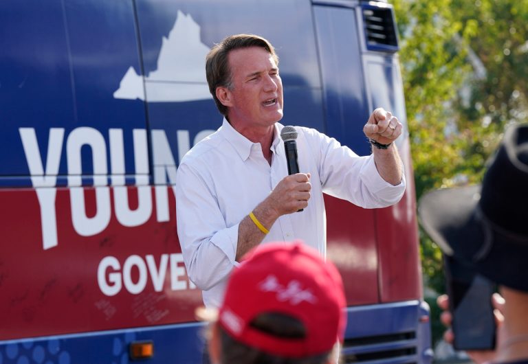 Gov. Glenn Youngkin (R-VA) addresses the crowd during an early voting rally on Sept. 21, 2023, in Petersburg, Virginia.