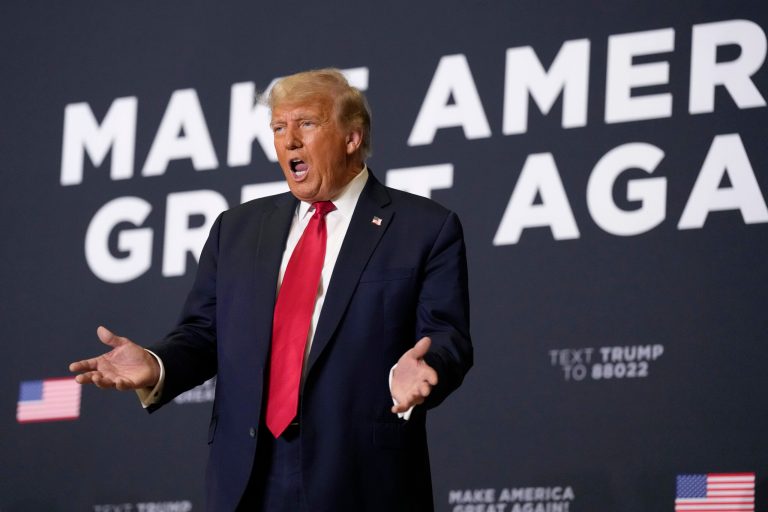 Former President Donald Trump speaks during a campaign rally Monday, Oct. 16, 2023, in Clive, Iowa. 