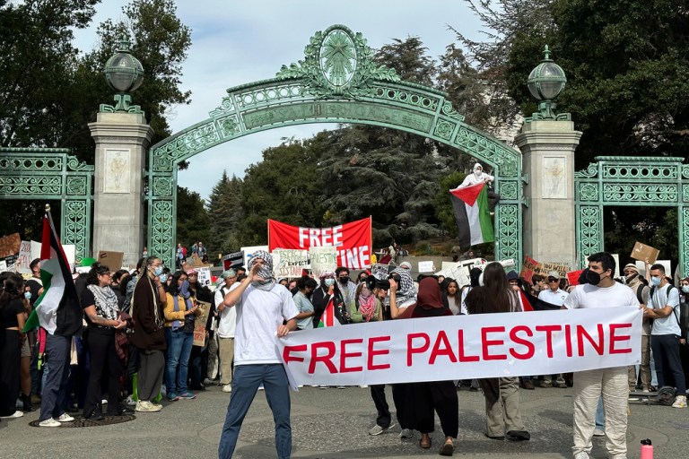 A student protest about the war in Israel/Gaza takes place at the University of California, Berkeley's Sather Gate on Monday, Oct. 16, 2023. 