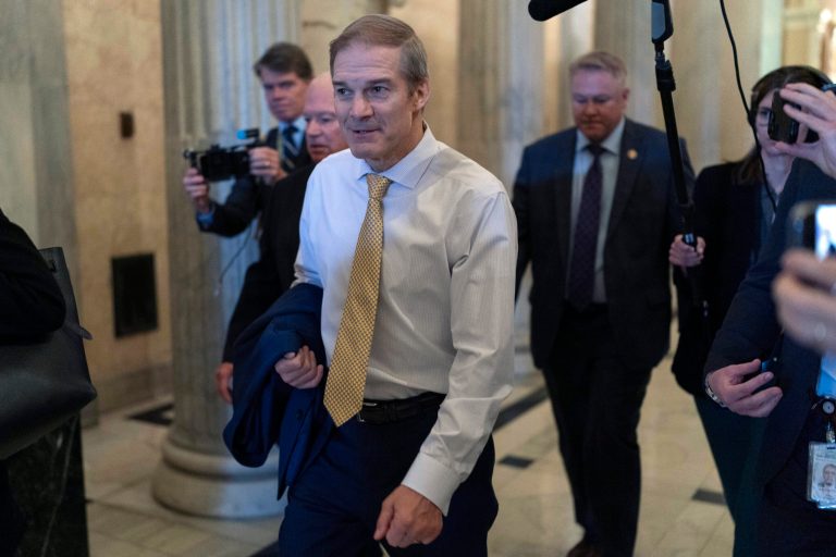 Rep. Jim Jordan (R-OH), chairman of the House Judiciary Committee, is followed by reporters as he walks to his office at the Capitol in Washington on Tuesday, Oct. 17, 2023.  