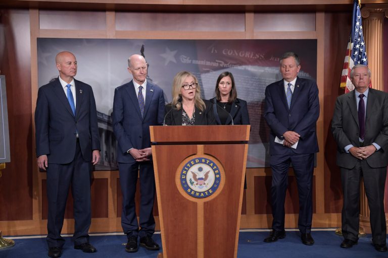 Sen. Marsha Blackburn (R-TN), alongside other GOP members, speaks about freezing a $6 billion payment to Iran during a press conference on Oct. 17, 2023.