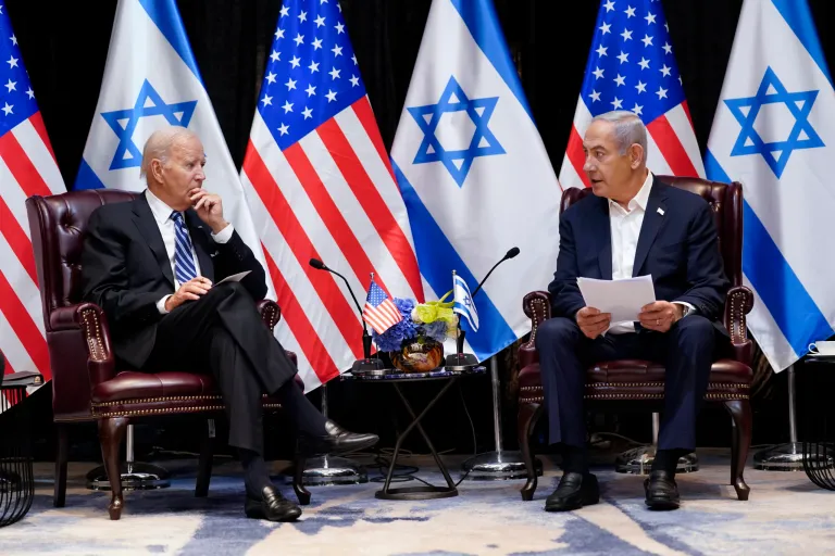 President Joe Biden and Israeli Prime Minister Benjamin Netanyahu participate in an expanded bilateral meeting with Israeli and U.S. government officials on Wednesday, Oct. 18, 2023, in Tel Aviv. 