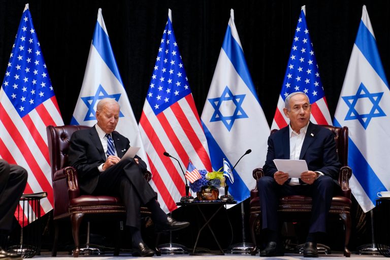 President Joe Biden and Israeli Prime Minister Benjamin Netanyahu participate in an expanded bilateral meeting with Israeli and U.S. government officials, on Wednesday, Oct. 18, 2023, in Tel Aviv. 