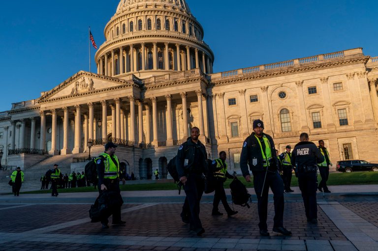 The Capitol Police prepare for expected protests over the Israel-Hamas conflict in Washington, Wednesday, Oct. 18, 2023. 