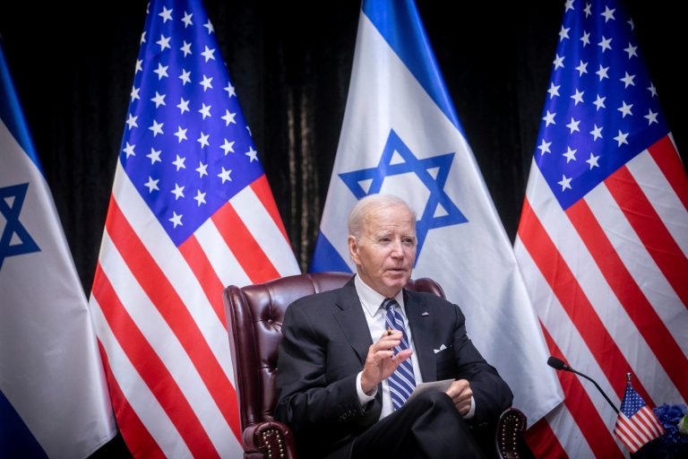 President Joe Biden speaks during a meeting with Israeli Prime Minister Benjamin Netanyahu to discuss the war between Israel and Hamas, in Tel Aviv, Israel, Wednesday, Oct. 18, 2023. 