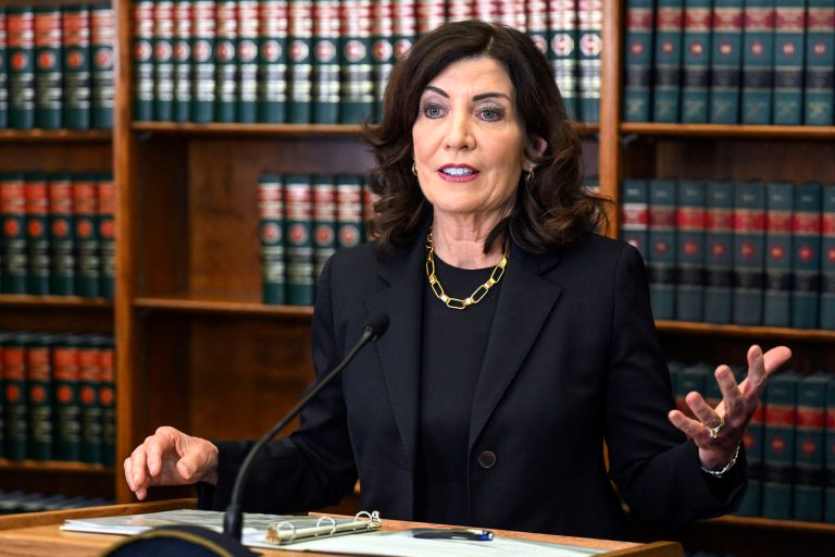 Gov. Kathy Hochul (D-NY) speaks to reporters on June 7, 2023, in Albany, New York.