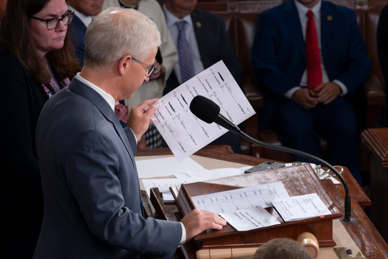 Rep. Patrick McHenry (R-NC), the temporary leader of the House of Representatives, looks at the final tally after a second day of balloting to elect a speaker, at the Capitol in Washington, Wednesday, Oct. 18, 2023. Rep. Jim Jordan (R-OH) lost the second round of balloting for House speaker, failing to convince his Republican detractors to support him to replace the ousted former Speaker Kevin McCarthy (R-CA).