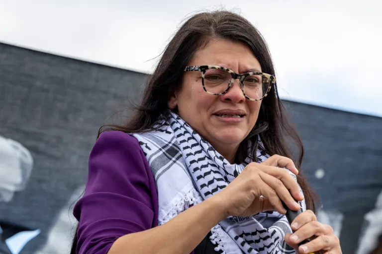 Rep. Rashida Tlaib, D-Mich., cries during a demonstration calling for a ceasefire in Gaza near the Capitol in Washington on Wednesday, Oct. 18, 2023.