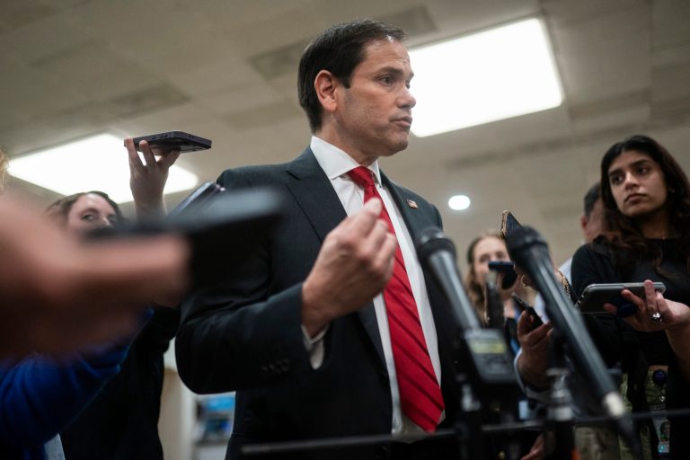 Sen. Marco Rubio (R-FL) speaks with members of the media while departing a classified briefing for senators on Israel and Gaza on Wednesday, Oct. 18, 2023, at the Capitol in Washington.