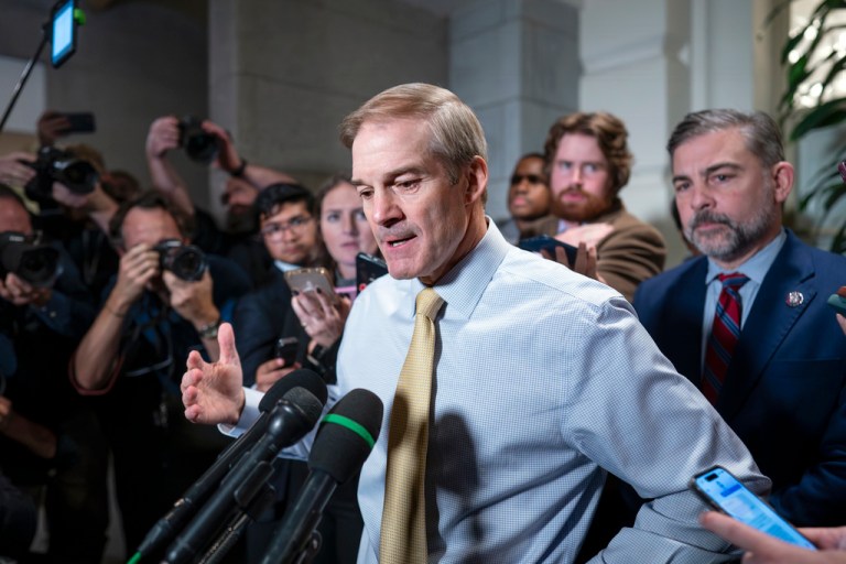Rep. Jim Jordan (R-OH), who failed in a crucial second ballot to become speaker of the House, talks to reporters as he leaves a meeting of the Republican conference at the Capitol in Washington, Thursday, Oct. 19, 2023.