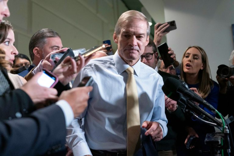 Rep. Jim Jordan (R-OH), chairman of the House Judiciary Committee, leaves the Republican caucus meeting at the Capitol in Washington, Thursday, Oct. 19, 2023.