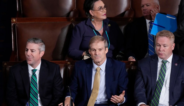 Rep. Jim Jordan (R-OH) and others look on as the vote is counted for a third ballot to elect a speaker of the House at the Capitol in Washington, Friday, Oct. 20, 2023.