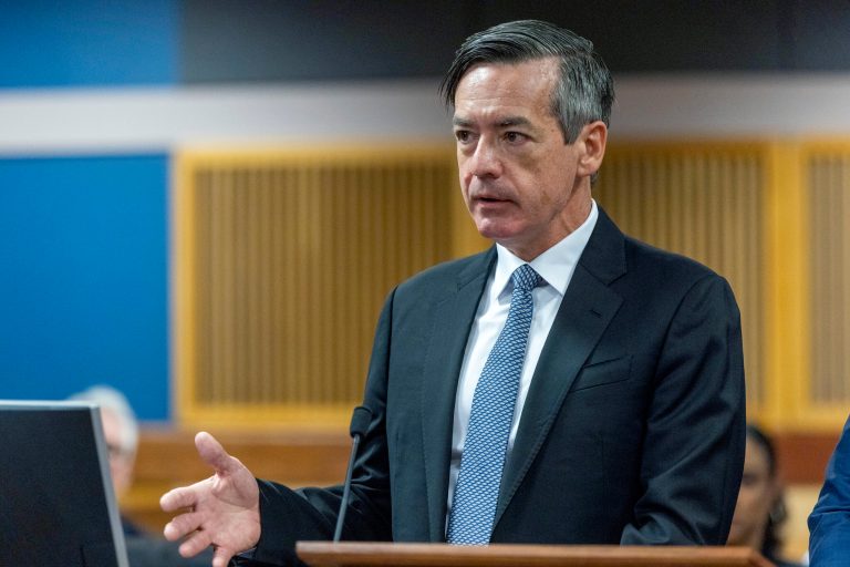 Kenneth Chesebro speaks to Fulton County Superior Court Judge Scott McAfee during a hearing where Chesebro accepted a plea deal from the Fulton County District Attorney at the Fulton County Courthouse Friday, Oct. 20, 2023 in Atlanta. 