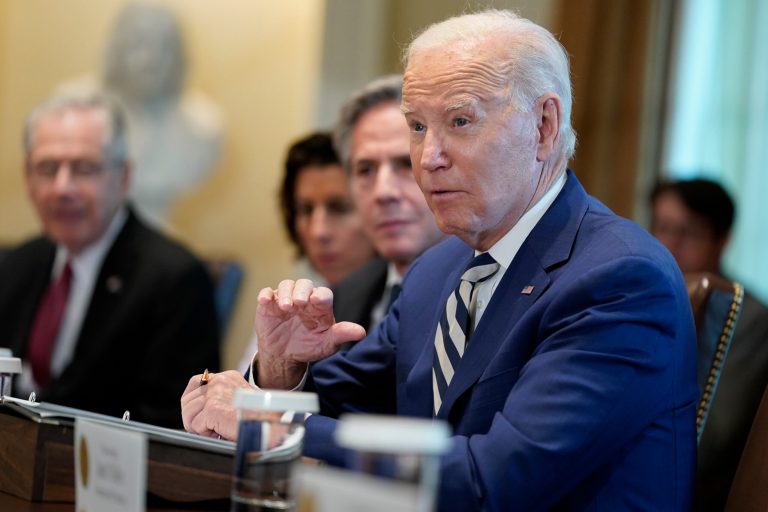 President Joe Biden meets with European Council President Charles Michel and European Commission President Ursula von der Leyen in the Cabinet Room of the White House, Friday, Oct. 20, 2023, in Washington.