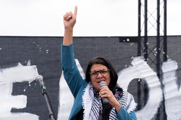 Rep. Rashida Tlaib (D-MI) speaks during a rally at the National Mall during a pro-Palestinian demonstration in Washington, Friday, Oct. 20, 2023.