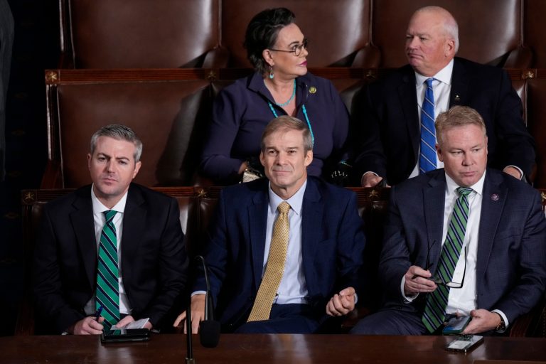 Rep. Jim Jordan (R-OH), House Judiciary chairman and staunch ally of Donald Trump, listens to lawmakers call out their votes as he loses the third ballot in his bid to become speaker of the House, at the Capitol in Washington, Friday, Oct. 20, 2023.