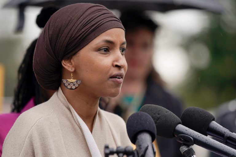 Rep. Ilhan Omar (D-MN) talks during a press conference to call for a ceasefire in Israel and Gaza on Capitol Hill, Friday, Oct. 20, 2023, in Washington. 
