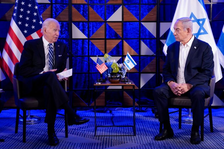 President Joe Biden speaks as he meets with Israeli Prime Minister Benjamin Netanyahu on Wednesday, Oct. 18, 2023, in Tel Aviv. 