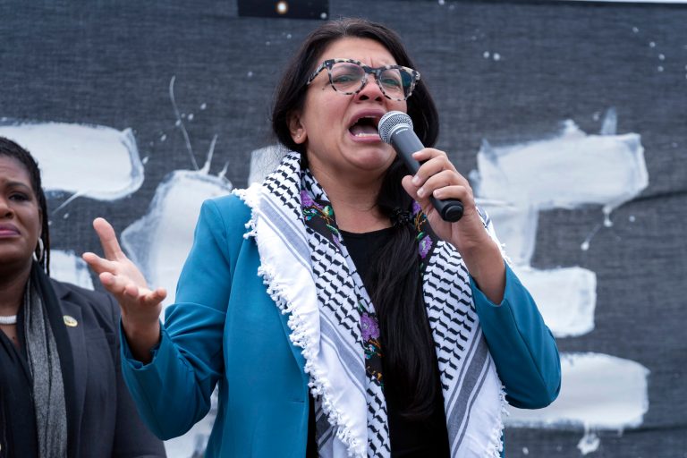 Rep. Rashida Tlaib (D-MI) speaks during a rally at the National Mall during a pro-Palestinian demonstration in Washington, Friday, Oct. 20, 2023. 