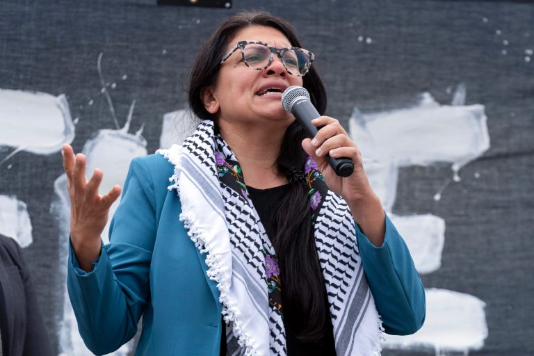 Rep. Rashida Tlaib (D-MI) speaks at a rally Friday, Oct. 20, 2023, at the National Mall during a pro-Palestinian demonstration in Washington.