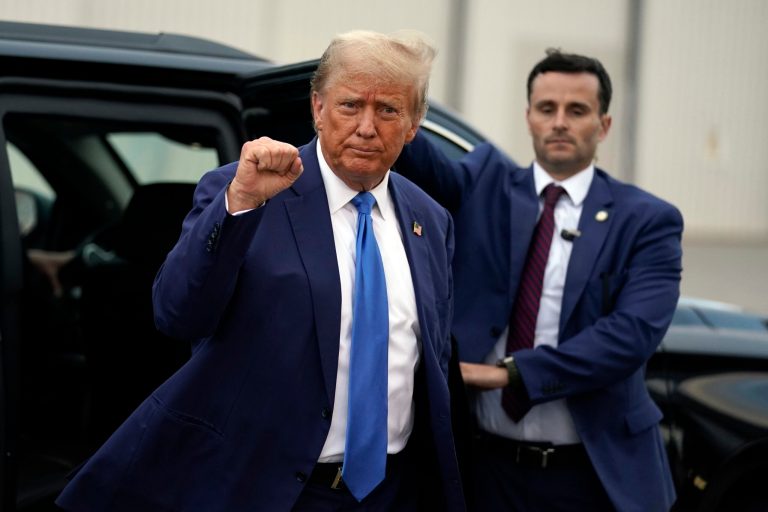 Republican presidential candidate former President Donald Trump arrives to board his plane at Manchester-Boston Regional Airport, Monday Oct. 23, 2023, in Londonderry, New Hampshire.