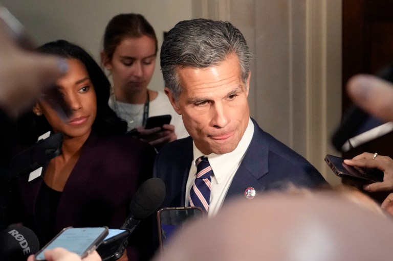 Rep. Dan Meuser (R-PA) tells reporters he is out of the race for House speaker as Republicans meet to decide who to nominate to be the next speaker, on Capitol Hill in Washington, Monday, Oct. 23, 2023.