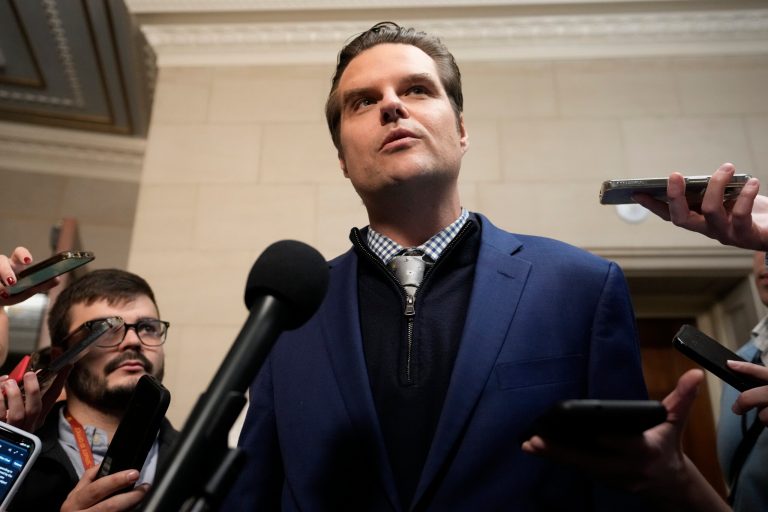 Rep. Matt Gaetz (R-FL) speaks to reporters after Republicans met to try and decide who to nominate to be the new House speaker on Capitol Hill in Washington, Monday, Oct. 23, 2023. 