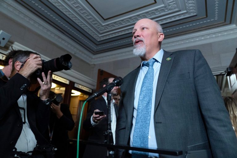 Rep. Chip Roy (R-TX), a member of the conservative House Freedom Caucus, talks to reporters as he arrives at the Republican caucus meeting at the Capitol in Washington, Tuesday, Oct. 24, 2023. 