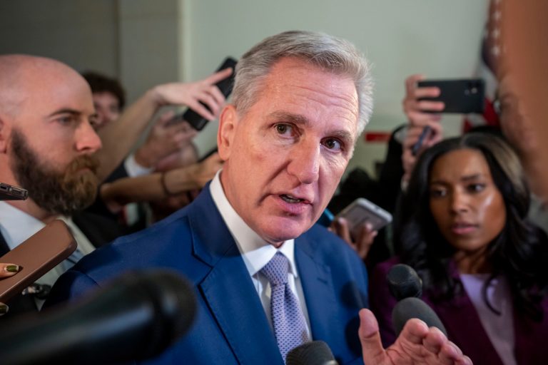 Former House Speaker Kevin McCarthy (R-CA) speaks with reporters as Republicans meet to decide who to nominate to be the new House speaker Tuesday, Oct. 24, 2023, on Capitol Hill in Washington.