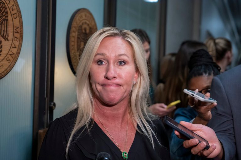 Rep. Marjorie Taylor-Greene (R-GA) arrives as Republicans meet to decide who to nominate to be the new House speaker, on Capitol Hill in Washington, late Tuesday, Oct. 24, 2023.