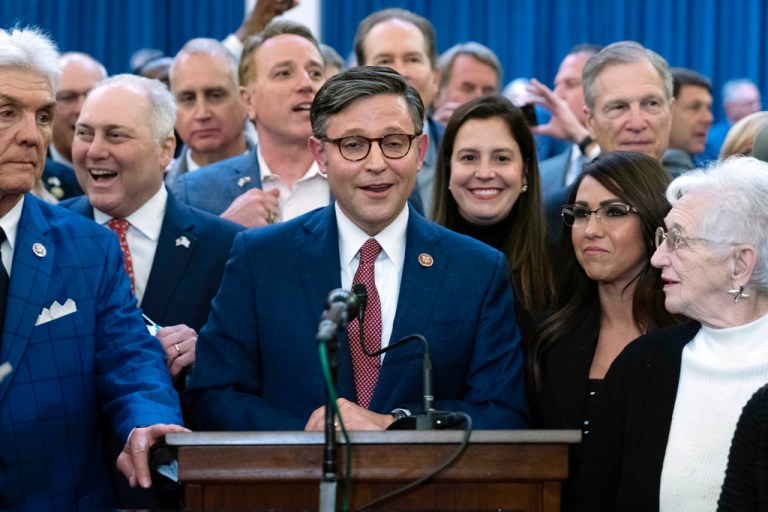 Rep. Mike Johnson (R-LA) speaks after he was chosen as the Republicans' latest nominee for House speaker at a Republican caucus meeting at the Capitol in Washington, Tuesday, Oct. 24, 2023.