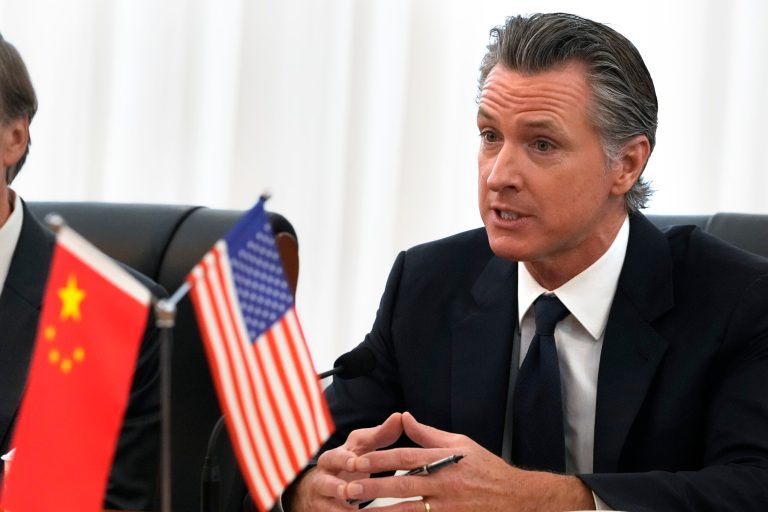 Gov. Gavin Newsom (D-CA) meets with Zheng Shanjie, head of China's National Development and Reform Commission on Wednesday, Oct. 25, 2023, in Beijing.