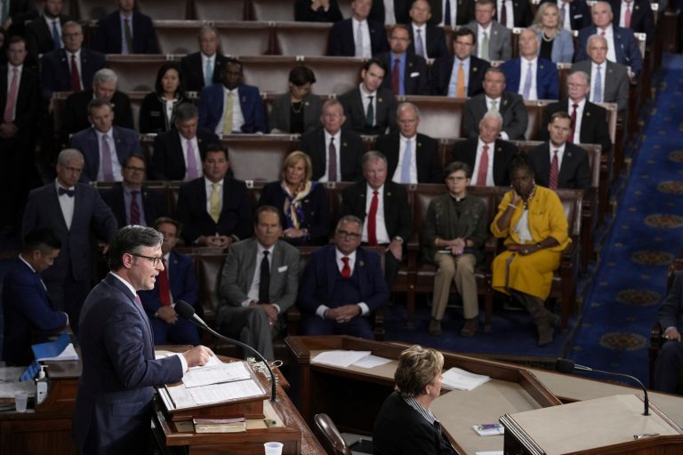 House Speaker Mike Johnson (R-LA) addresses members of Congress at the Capitol in Washington, Wednesday, Oct. 25, 2023.