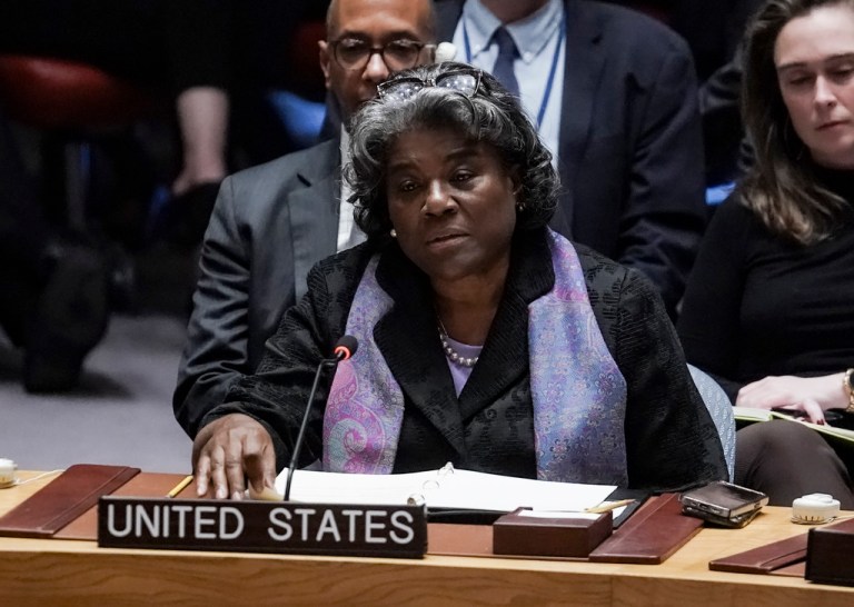 United Nations U.S. Ambassador Linda Thomas-Greenfield addresses the U.N. Security Council before a vote on a U.S. resolution over the conflict between Israel and the Palestinians, Wednesday, Oct. 25, 2023 at U.N. headquarters. 