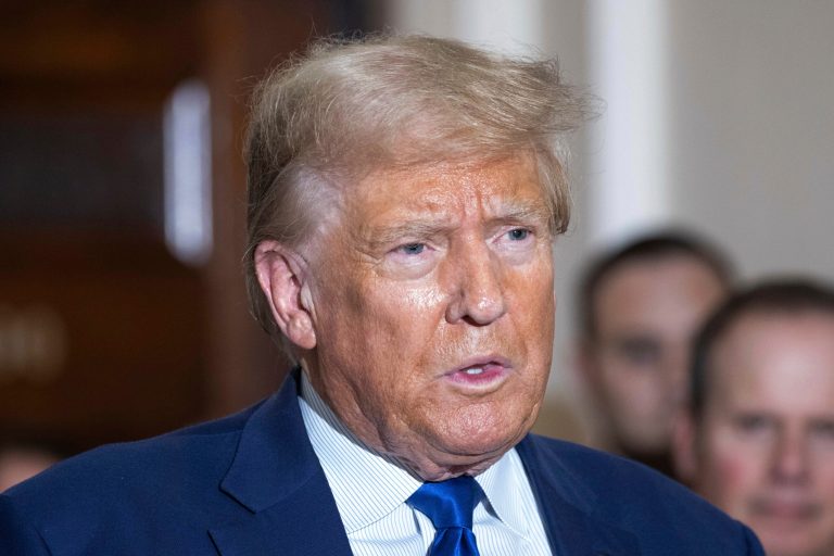 Former President Donald Trump speaks to the media as he exits the courtroom of his civil business fraud trial at New York Supreme Court, Wednesday, Oct. 25, 2023, in New York.