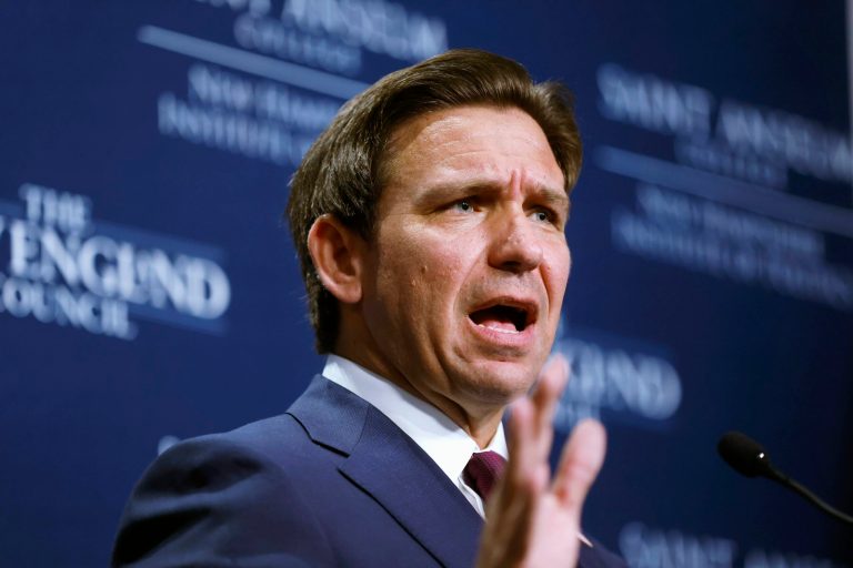 FILE - Republican presidential candidate, Florida Gov. Ron DeSantis, speaks during the Politics & Eggs program at Saint Anselm College, Friday, Oct. 13, 2023, in Manchester, New Hampshire. (AP Photo/Michael Dwyer, File)