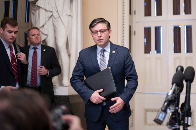 On his first full day on the job, Speaker of the House Mike Johnson (R-LA) makes a statement to reporters about the mass shooting in Maine at the Capitol in Washington, Thursday, Oct. 26, 2023.